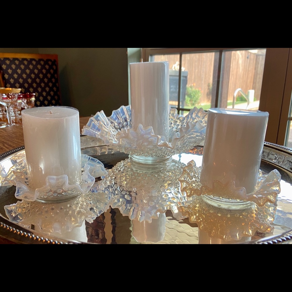Four (4) Fenton Moonstone Opalescent Hobnail Dishes, Ruffled Edges